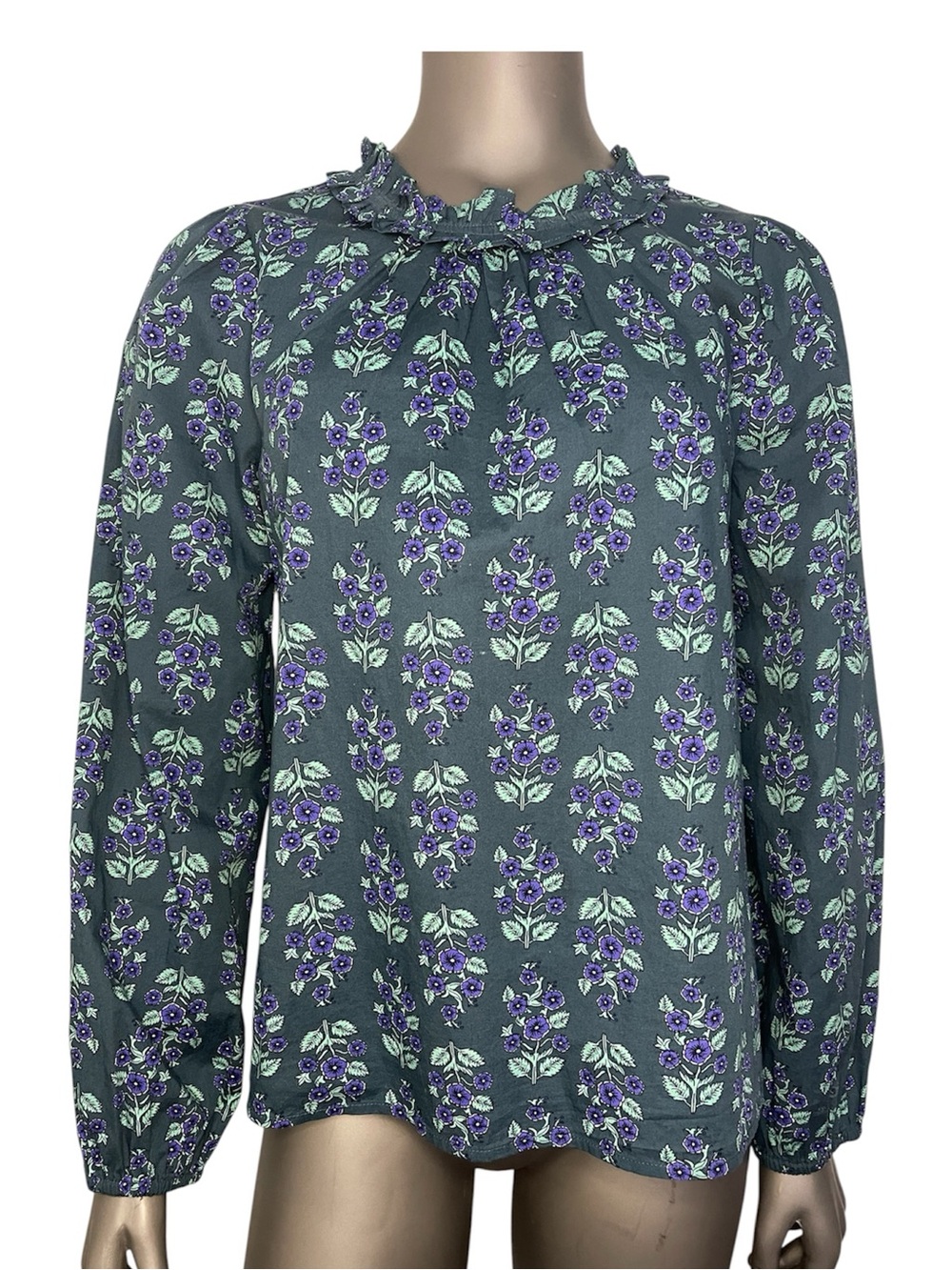 J.Crew Poplin Blouse M Ruffleneck Long Sleeve Green Floral Modest Keyhole Cotton